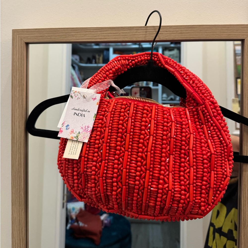 Red Beaded Handbag - Handmade in India